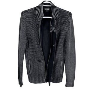 Vintage Express Mens L Black Gray Ribbed Knit Jacket Heavyweight Sweater Preppy